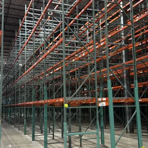 Interack pallet racking system. Includes (66) 8' sections, (2) 6' sections, and (4) 12' sections. Features 3.5" cross bars with approximately 4-decks 
