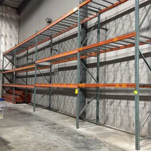 Interlake teardrop style pallet rack lineup. Includes (3) 15'3" bays and (1) 8'6" bay. Constructed with 16'H green uprights, 3'6"D frames, orange cros