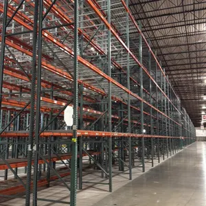 1,136'L of Interack pallet racking. Includes (130) 8' and (8) 12' bays. Dimensions: 3'8"D x 26'H. Features 3.5" cross bars with approximately 4 decks 