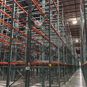 Interack pallet racking lot. Includes (130) 8' and (8) 12' beams with 3.5" cross bars, and 3'8"D x 26'H uprights. Features approximately 4-decks per s