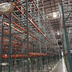 Interack pallet racking system. Includes (130) 8' sections and (8) 12' sections. Dimensions: 3'8"D x 26'H. Features 3.5" cross bars with approximately