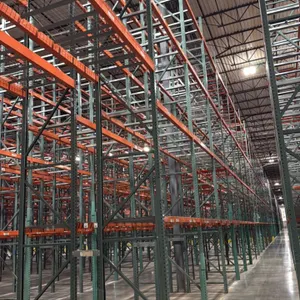 Interack pallet racking system. Features (130) 8' and (10) 12' sections with 3.5" cross bars and approximately 4-decks per section. Dimensions: 3'8"D 