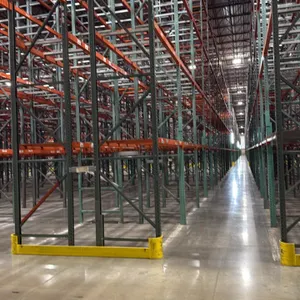 Interack pallet racking. Includes (130) 8' and (10) 12' bays with 3'8"D x 26'H uprights and 3.5" cross bars. Features approximately 4-decks per sectio