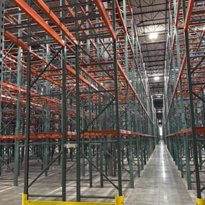 1,160'L of Interack 30 pallet racking. Includes (130) 8' and (10) 12' sections. Features 3'8"D x 26'H uprights, orange 3.5" cross beams, and wire deck