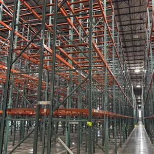 Interlake pallet racking. Includes (130) 8' and (8) 12' beams with 3.5" cross bars, and 3'8"D x 26'H uprights with approximately 4-decks per section. 