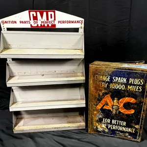 VINTAGE CMP MULTI-SHELF DISPLAY 1FT6 X 2FT6 & AC SPARK PLUG METAL CABINET 1FT X 1FT5