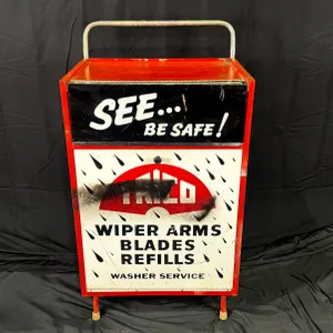 VINTAGE TRICO WIPER ARMS, BLADES & REFILLS CABINET - ROLLING SERVICE STATION DISPLAY 2FT X 3FT4