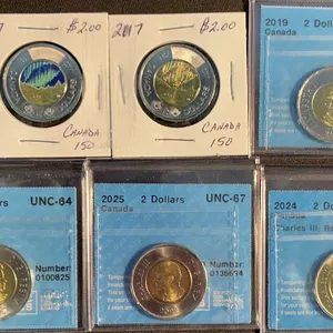 2017–2025 Canada $2 Toonie Coin Collection, 6 Coins, Certified Holders