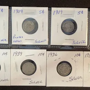 10 Canadian Silver 5 Cents Coins, 1916–1939