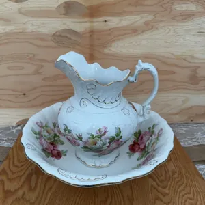 Porcelain Floral Pitcher and Wash Basin Set with Gold Trim 13” tall
