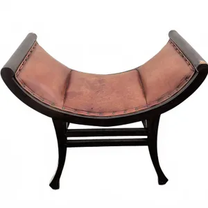 Curved Wood and Leather X-Frame Bench