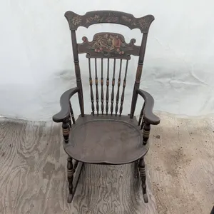 Wooden Rocking Chair with Painted Fruit Motif & Spindle Back