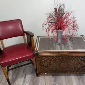 Red Vinyl Armchair & Carved Wooden Storage Chest w/ Contents
