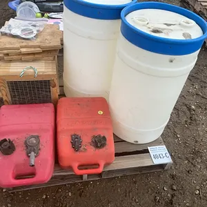 2 - PLASTIC BARELS w/ LIDS, WOOD MOTORCYCLE STAND, 2 - BOAT FUEL TANKS, 1 - MOTORCYCLE STREET CUFF - DISPERSAL FOR JACE CRAFT INC.