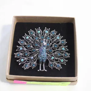 IRIDESCENT GREEN CRYSTAL PEACOCK BROOCH