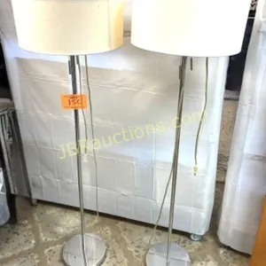 PAIR OF CHROME POLE LAMPS W SHADES