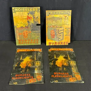 VINTAGE BURGESS BATTERIES & FLASHLIGHTS CARDBOARD ADVERTISING CARDS (4pcs)