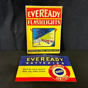 PAIR OF VINTAGE EVEREADY BATTERY & FLASHLIGHT ADVERTISING CARDBOARD SIGNS 1FT10" X 1FT3"