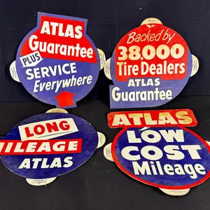 4 VINTAGE ATLAS TIRE ADVERTISING DIE-CUT CARDBOARDS SIGNS