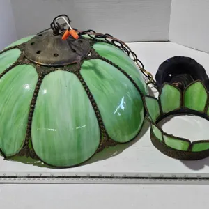 Vintage Green Slag Glass Hanging Chandelier Lamp Shade Dome & Crown – As Is