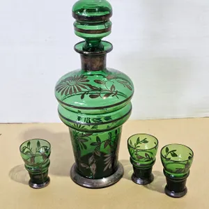 Vintage Green Glass Decanter Set w/ (3) Shot Glasses – With Floral Design Silver Overlay