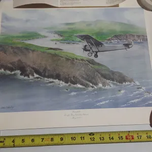 Vintage aviation print titled "Landfall" by artist John T. McCoy, depicting Charles Lindbergh[x=#821