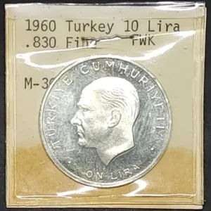 1960 Turkey 10 Lira .830 Silver Coin Gem BU