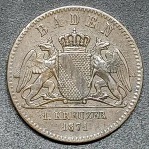 1871 German States 1 Kreuzer Copper Coin Baden