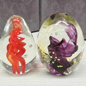 2 Hand Blown Egg Shape Art Glass Paperweights