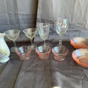 Vintage Pink Depression Glass and Clear Stemware L