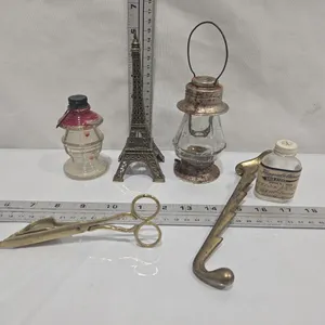 Brass Hanger & Snuffer, Miniature Lantern, Vintage Medicine Bottle & misc. bottle