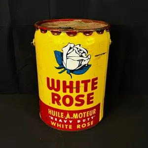 ORIGINAL BILINGUAL WHITE ROSE 5 GALLON MOTOR OIL CAN (YELLOW/RED)