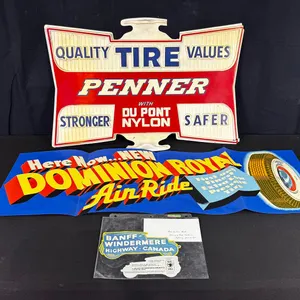 PENNER TIRE EMBOSSED SIGN, DOMINION ROYAL "AIR RIDE" POSTER & BANFF-WINDERMERE REPRODUCTION HIGHWAY DECAL