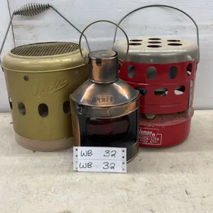 Vintage Aladdin Radiant Heater, Copper "Port" Marine Lantern, and Coleman Quick-Lite 3000 BTU Heate