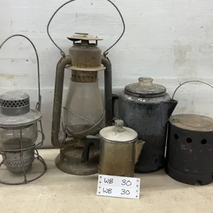 Vintage M.L. Piper Co. Railway Lantern, Kerosene Lantern and 2 Coffee Pots