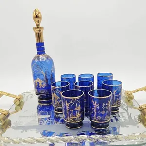 Blue and Gold Glass Decanter Set with 8 Glasses and Etched Serving Tray