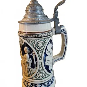 German Stoneware Beer Stein With Pewter Lid, 0.5L