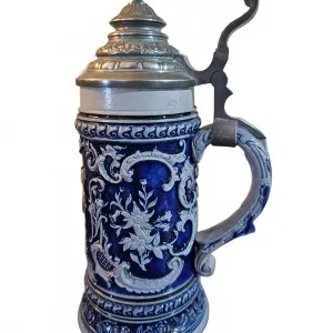Ornate German Beer Stein with Pewter Lid 10''H