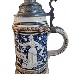 German Stoneware Beer Stein 1L with Relief Decoration and Pewter Lid 10''H