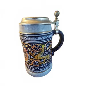German Stoneware Beer Stein with Pewter Lid 6.5" H