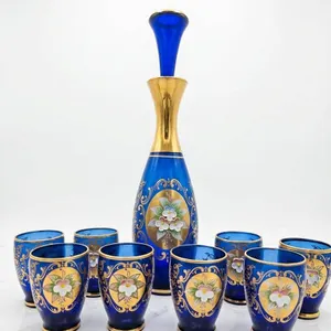 Blue and Gold Floral Enamelled Decanter Set with 8 Glasses