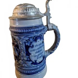 German Stoneware Beer Stein with Lid, 1L, 9''H