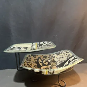 Peggy Karr Decorative Glass Dual Tier Serving Platter with Stand