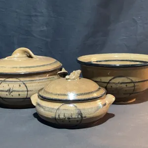 3 Glazed Stoneware Serving Pieces with Fish Motif Lids