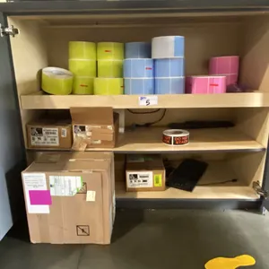 LARGE ASSORTMENT OF ROLLS OF LABELS AND WAX RIBBON FOR ZEBRA PRINTER