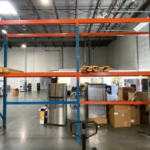 BLUE & ORANGE PALLET RACKING - (6) 12FT X 3 1/2FT UPRIGHTS 3 1/4" X 3" WITH 4" X 3 1/2" X 1/4"