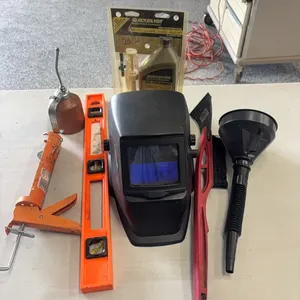 PAIL OF ITEMS-WELD MASK-GEAR LUBE-FUNNEL-LEVEL-OIL CAN