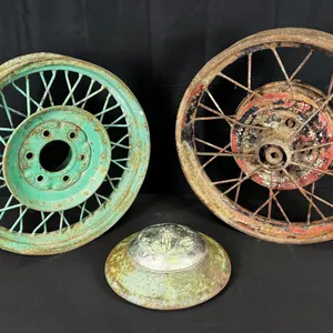 ANTIQUE AUTO WHEELS - EARLY FORD MODEL A WIRE WHEEL, EARLY 20's ARTILLERY WHEEL & 30's PONTIAC HUBCAP