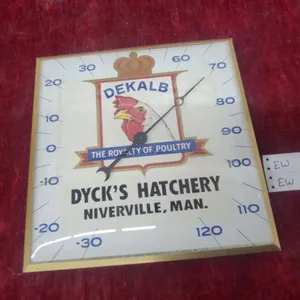 Vintage DeKalb "The Royalty of Poultry" Dyck's Hatchery Niverville Advertising Thermometer 12 x 12"