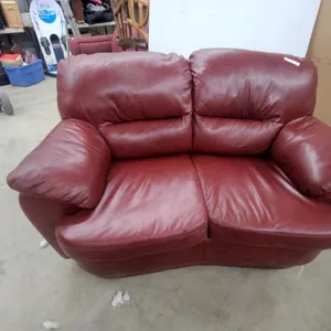 Burgundy Leather Overstuffed Two-Seater Loveseat with Rounded Arms 62" Wide